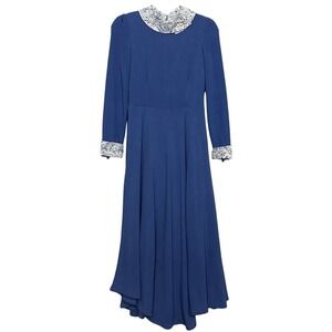 bkmgc Womens Dress M Blue Paisley Collar Cuff Modest Midi Prairie Cottagecore